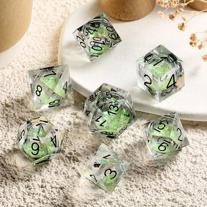 DNDND Luminous Liquid Sharp-Edge Dice Set 7PCS - Clear Resin Polyhedral Dice with Glow-in-the-Dark Green Liquid Orb & Glitter for D&D RPG Table Games （Glow Green - color: Glow Green