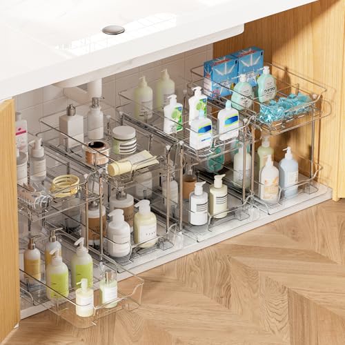 Vtopmart 4 Pack Pull Out Bathroom Under Sink Organizer with Dividers (S-Divided) - color: Transparent, size: S-Divided (4 Pack)