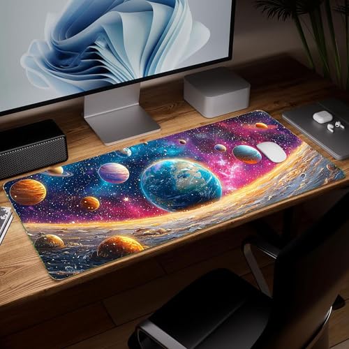 Leather Planet Desk Pad, Colorful Art Mouse Pad Large Computer Keyboard Gaming Mousepad Waterproof Desktop Protector & Cover, Decorative PU Leather Laptop Mouse Mat Home Decor 10 x 25.6 inch C51 - color: colorful-14