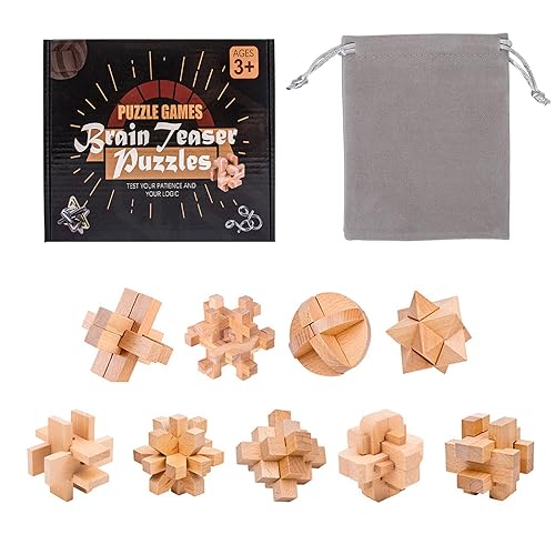 VolksRose 9pcs Wooden Brain Teaser Puzzles, IQ Challenge Puzzle Games, Logic Mind Puzzle Box Lock Toy Disentanglement 3D Small Brain Puzzle Gift Set for Adults Teenagers Kids, 1.8inch 4.5cm - color: C-9pcs-4.5cm