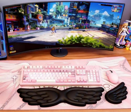 inbesk Angel Wing Wrist Rest Ergonomic Memory Foam Wrist Rest for Computer Keyboard Mouse Set, Cute Gaming Keyboard Cushion Hand Support PU Leather Surface Anti-Slip Waterproof Dirt Resistant (Black) - color: Black