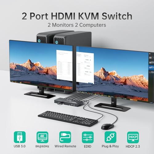 MT-Viki 8K@60Hz HDMI KVM Switch 2 Monitors 2 Computers, 4K@144Hz Dual KVM Switch HDMI with 4 USB 3.0 Port, EDID, 2 USB Cables and Desktop-Controller Included - style: 2 IN 2 OUT 8K@60