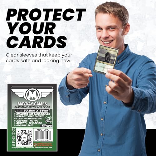 MayDay Games 63.5x88mm Card Sleeves Premium Bundle (4x50 Pack, 200 Sleeves) – 90 Micron Clear Polypropylene, Acid-Free & PVC-Free, Board Game Card Protection – SKU MDG-7077