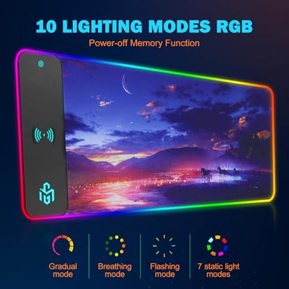 Mouse Pad Gaming Wireless Charging, 800x300x4mm Extended Desk Mat with 10 RGB Light Modes, Non-Slip Rubber Base, Waterproof Computer Keyboard Mat for Gamer, PC, Laptop, Office, Twilight Blue-Purple - color: Twilight Blue-Purple