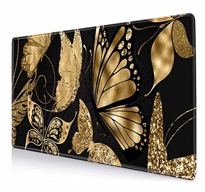 IMAYONDIA Black and Gold Desk Mat (35.4x15.7 in), XL XXL Gaming Large Mouse Pad, Non-Slip Rubber Base Big Keyboard Deskmat for Desktop, Computer Accessories, Butterfly Gold Glitter Foil Art - color: Gold Glitter Butterfly