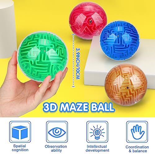Sumind 4 Pcs 3D Puzzle Maze Ball Magic Brain Teasers Games Memory Sequential Maze Cube Ball Sphere Educational Puzzle for Adult Hard Challenges(Blue, Green, Rose Red, Gold) - color: Blue, Green, Rose Red, Gold