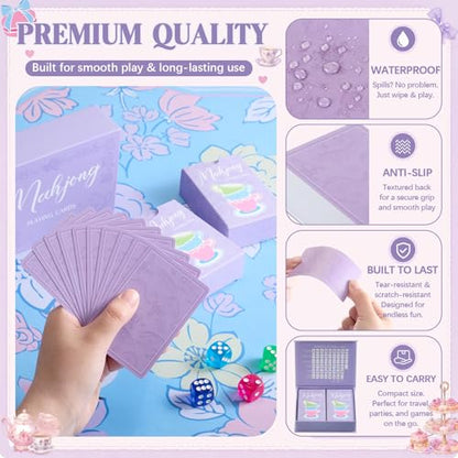 Soulchen 168-Piece PVC American Mahjong Cards, Large Print Set | Tea Party Wonderland design, magnetic storage box, large print cards, travel play, family game nights - color: Lavender, style: Tea Party