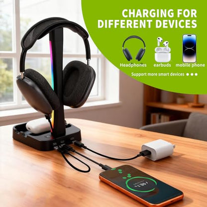 Headphone Stand with Charger,Gaming Headset stand with RGB Light Mode,For Airpod Max Stand,Desk Lamp,Phone Holder,Tablet Holder,desktop organizer,Gifts for Gamers & Music Lover(Black) - color: Black