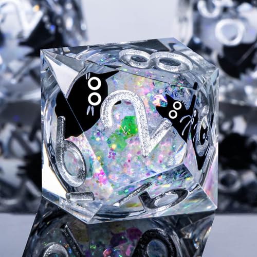 Roycevon Resin DND Dice Set with Gift Box, 7Pcs Liquid Core Cat D&D Dice, Cute Dungeons Dragons D and D Dice, Sharp Edge Role Playing Game Dice D20 D12 D10 D8 D6 D4, Rainbow White - color: Rainbow White