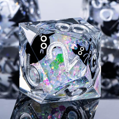 Roycevon Resin DND Dice Set with Gift Box, 7Pcs Liquid Core Cat D&D Dice, Cute Dungeons Dragons D and D Dice, Sharp Edge Role Playing Game Dice D20 D12 D10 D8 D6 D4, Rainbow White - color: Rainbow White