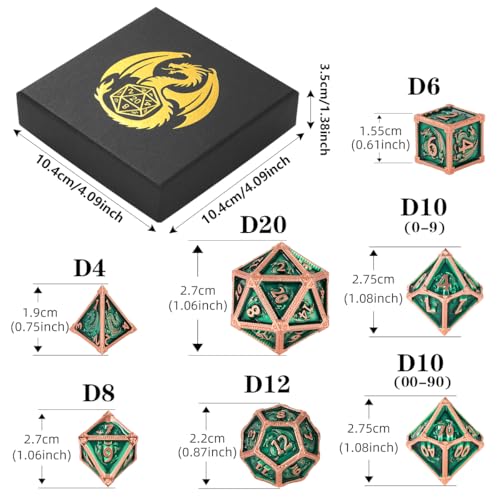 Metal Dice Set, Fly Dragon Pattern, 7pcs Polyhedral Metal DND Dice Set, DND Starter Set, D&D Gifts with Gift Box, Role Playing Board Games Accessories, Green ﻿ - color: Green