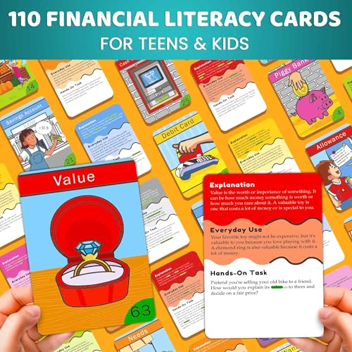 QUOKKA Financial Literacy Flash Cards for Teens – 110 Cards Teaching Kids About Money Management, Budgeting, Savings – Easy Money Games for Kids Ages 12+ – Fun Financial Literacy Games and Learning - color: Finance Flash Cards