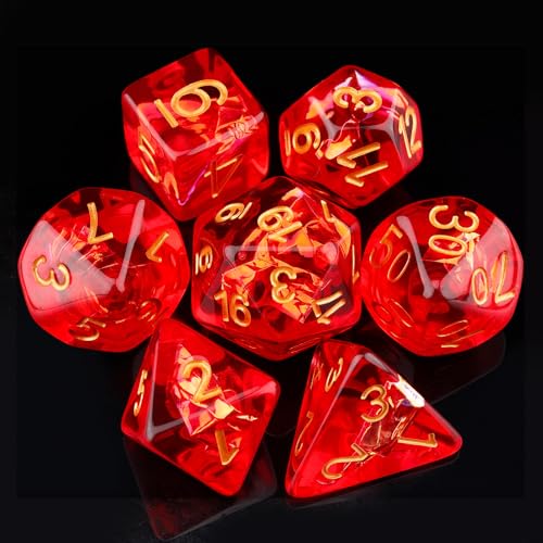 Haxtec Red DND Dice Set 7PCS Filled Resin Polyhedral D&D Dice W/Iridescent Mylar Inclusion Role Playing Dice with Dice Bag Compatible with Dungeons and Dragons Gift - color: Red Gold