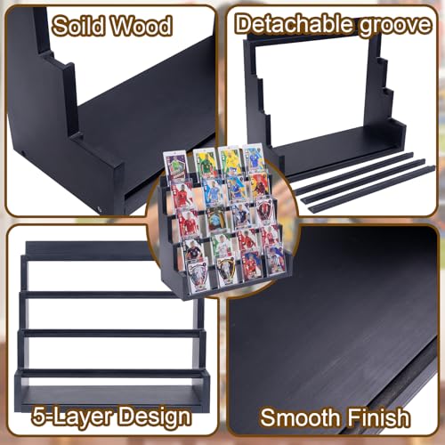 WodGod Card Display Stand，5-Tier Black Wooden Graded Card Display Rack，Wooden Trading Card Display，Desktop Showcase for Sports Cards