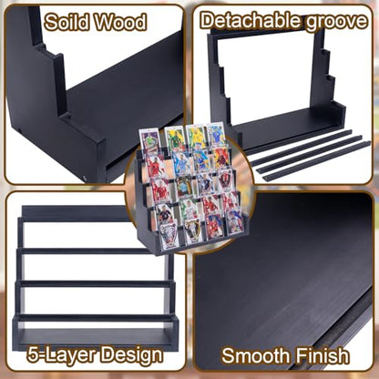 WodGod Card Display Stand，5-Tier Black Wooden Graded Card Display Rack，Wooden Trading Card Display，Desktop Showcase for Sports Cards