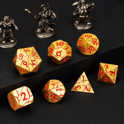 DND Dice Set Metal,Polyhedral D&D Metallic Heterotypic D and D Dice with Cracks for Dungeons and Dragons RPG TTRPG 7-Die Set with Gift Case (Crack, Gold and Red) - color: Gold and Red