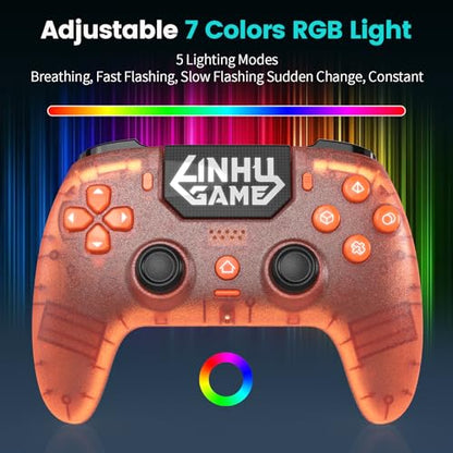 citnh Wireless Controller for PS-5/Pro/Slim/PC, with Transparent Shell/RGB Tape Light/Hall Effect Joyticks and Trigger/Macro/Turbo/3.5mm Audio Jack/Speaker and Mic/1500 mAh Large Battery Gamepad (Orange)