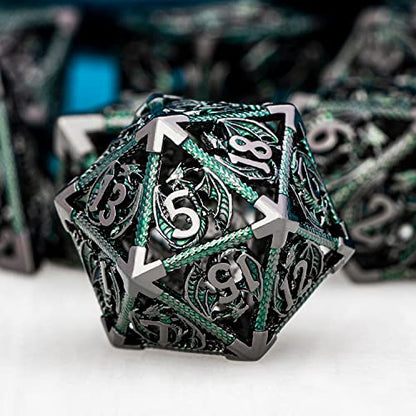 ARUOHHA Hollow DND Metal Dice Set Black Green Dragons D and D Dice, RPG Role Playing Games Dungeons Polyhedral Dice with Gift Box D20 D12 D10 D8 D6 D4 - color: Black Green