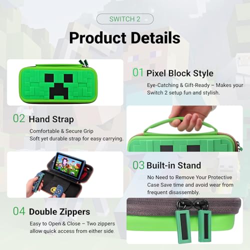QUBAMG Switch 2 Carrying Case, Hard Shell Protective Carry Travel Case Compatible with Nintendo Switch 2 (2025) Pouch with Built-in Stand 5 Games Cartridges for Console & Accessories Green Pixel - color: Switch 2 Green
