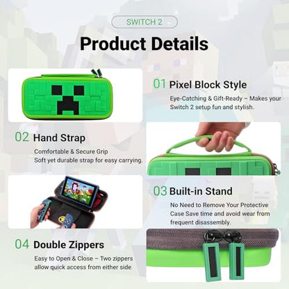 QUBAMG Switch 2 Carrying Case, Hard Shell Protective Carry Travel Case Compatible with Nintendo Switch 2 (2025) Pouch with Built-in Stand 5 Games Cartridges for Console & Accessories Green Pixel - color: Switch 2 Green
