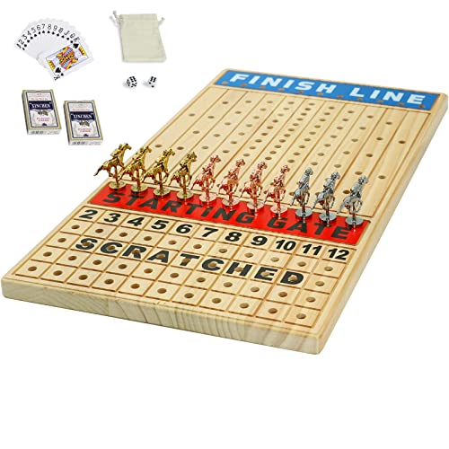 Large 21 inch Horse Race Board Game, 11 Metal Horses Cards Dice Chips | Solid Wood Board, 11 Premium Metal Horses, Includes Cards, 2 dice & 100 chips, Family Party Desktop Game for Adults - color: Large-log