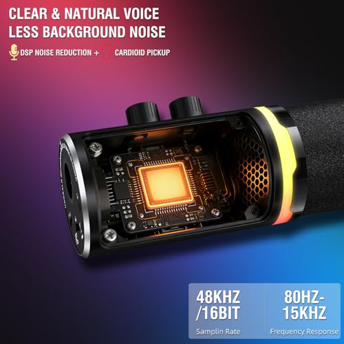 Gaming Microphone Set, USB & XLR Dynamic PC Mic for Streaming & Podcast, Computer RGB Mic Kit with Boom Arm, Mute Button & Headphone Jack, Cardioid Polar Pattern for Vocals, Voice-Over - color: Black