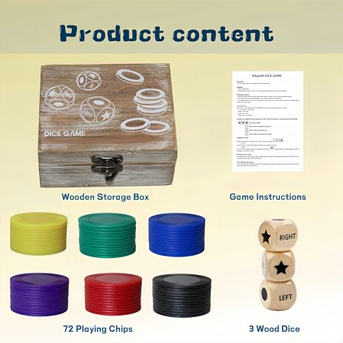 Left Right Roll Dice Game Set - 3 Wood Dice & 72 Plastic Chips | Wooden Box, Portable Travel Party Game, For Family, Friends, Adults - Rustic Brown - color: Rustic Brown