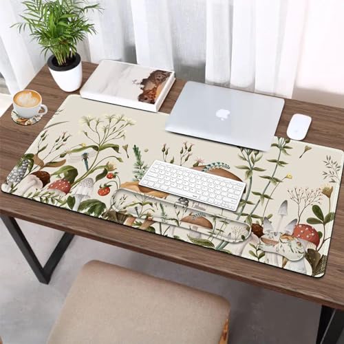 AIMSA Large Gaming Mouse Pad Set, Keyboard Wrist Rest Support+ Extended Mousepad+ Mouse Wrist Cushion+Coaster, Ergonomic Multifunctional Desk Mat 35x15.7in, Mushroom Plant Garden - color: Mushroom Plant Garden