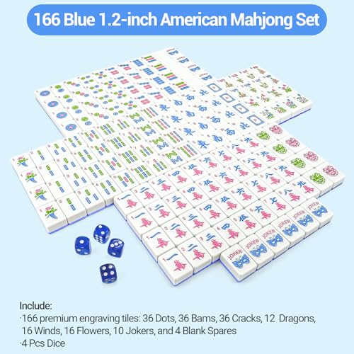 American Mahjong Tile Set, 166 Tiles (1.2”), Cute Mini Mahjong Tiles- Blue | Mahjong Tile Set with Carrying Bag, Dice, Mat, Portable Travel Complete Game Set for Home Outdoor Enthusiast Gift - color: Blue