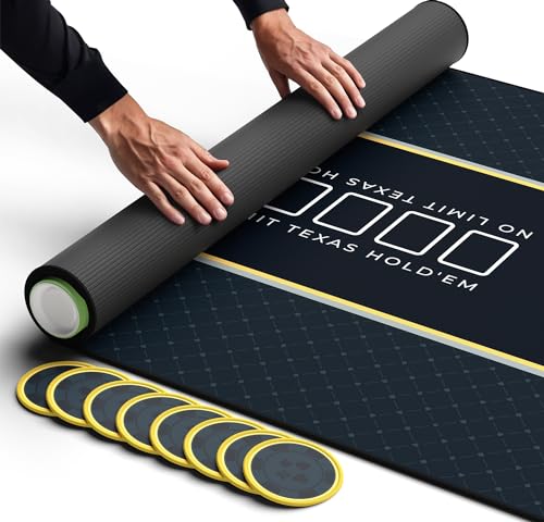 Newverest Poker Table Top 70" x 35", Texas Hold'em Poker Mat for Home Game Nights Up to 10 Players, Casino| Poker Topper Cloth for Tables in Zipper Storage Bag with 8 Coasters in Poker Gift-Ready Box - color: Black