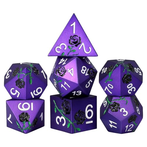 Rose Engraved Metal Dice Set 7PCS for DND RPG Tabletop Gaming | Solid zinc alloy build with 150g weight for balanced rolls(Purple with Black Rose) - color: Purple With Black Rose