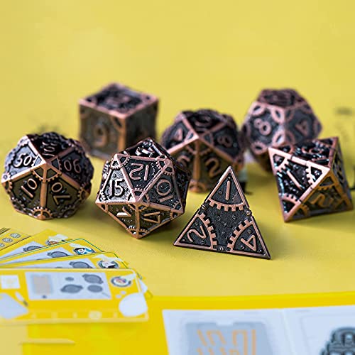 UDIXI Steampunk Metal Dice Set, 7 Die Polyhedral DND Dice Set for D&D Role Playing Game and Math Teaching (Ancient Copper) - color: Gear-antique Copper
