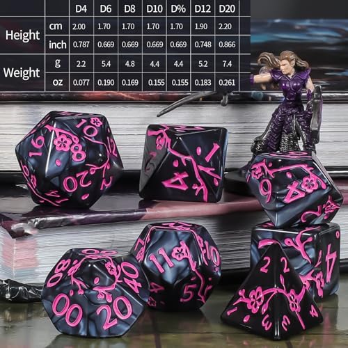 CiaraQ 7pcs Polyhedral Dice Set for Dungeon and Dragons MTG Table Games | Acrylic Role Playing Dice for D&D with Black Velvet Bag – Black Pearl with Pink Numbers & Plum Blossom Patterns - color: Black and Pink Floral Dice