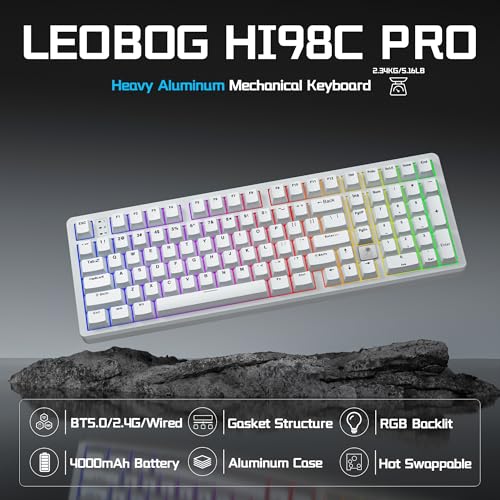 LEOBOG HI98C Pro Wireless Mechanical Gaming Keyboard, Tri-Mode Wired/2.4G/BT5.0 Hot Swappable Aluminum Keyboards with Number Pad, RGB Backlit Gasket Mount White Custom Keyboard for PC Gaming & Office - color: White