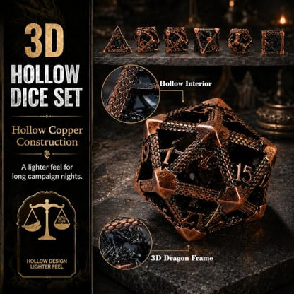 DND Dice Set,3D Hollow Dragon Metal 7-Die,Antique Red Copper | copper construction,68g balanced weight,engraved numbers,gift box and velvet bag for DND RPG play - color: 3d-copper