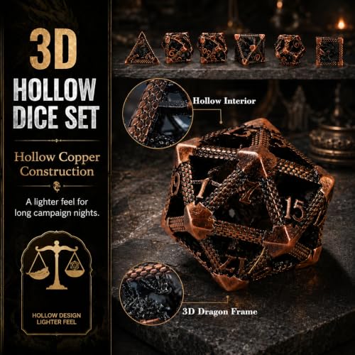 DND Dice Set,3D Hollow Dragon Metal 7-Die,Antique Red Copper | copper construction,68g balanced weight,engraved numbers,gift box and velvet bag for DND RPG play - color: 3d-copper