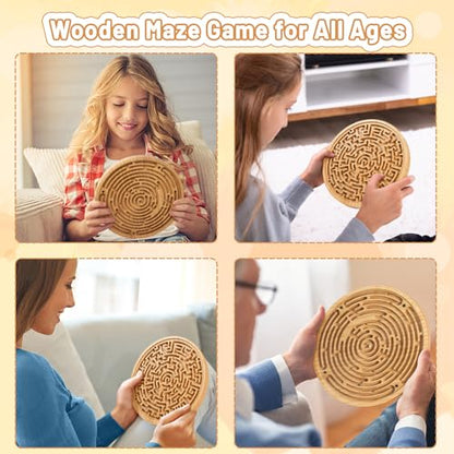 Wooden Labyrinth Board Game with Two Versions of Upgraded Circular Marble Maze with Two-Sided Design, 2-in-1 Puzzle Maze with Two Metal Balls, Brain Teaser Game for Children, Teenagers, and Adult - color: 2 in 1