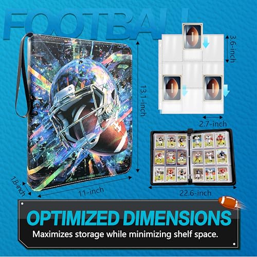 Football Card Binder with Sleeves, 9-Pocket Portable Card Protectors Album Holder Book with Zipper, Fits 900 Cards with 50 Removable Sleeves, Football Cards Display Storage Carrying Case - color: Football-01