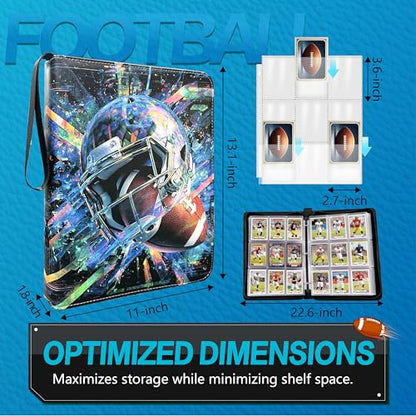 Football Card Binder with Sleeves, 9-Pocket Portable Card Protectors Album Holder Book with Zipper, Fits 900 Cards with 50 Removable Sleeves, Football Cards Display Storage Carrying Case - color: Football-01
