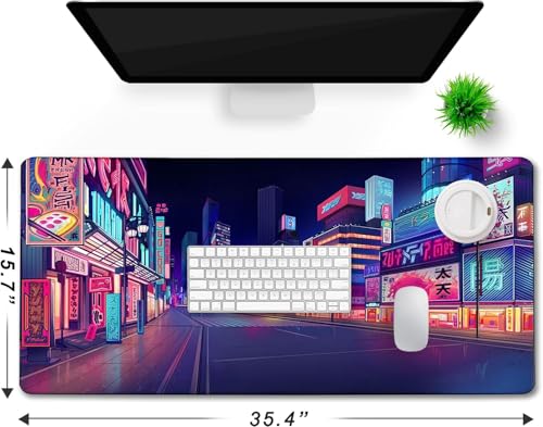 Japanese City Big Desk Mat Large Office Desk Pad | Home Office Gaming Work 35.4x15.7 inch Big Computer Mousepad Waterproof Non-Slip Rubber Mice Pads Stitched Edges - color: City, size: 35.4" x 15.7"