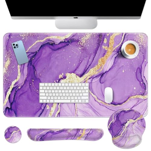 Arttown Purple Gold Marble Desk Mat Abstract Marble Mouse Pad Set 4 in 1 Ergonomic Design Large Mousepad + Keyboard Wrist Rest + Mouse Wrist Rest + Coaster Suitable for Home Office Study Game - color: Purple Gold Marble