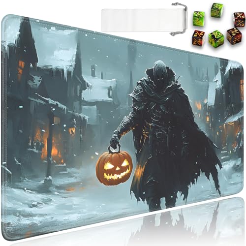 for MTG Game Playmat - 24 x 14 inches with Dices and Storage Bags, Non-Slip Base for TCG and Board Game Card Mats, Trading Card Games Mat, Warrior Holding Pumpkin Lantern Collectible Card Playmats - color: Jv-playmat-p7-1-h227