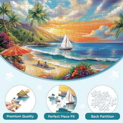 300 Pieces Puzzles for Adults, Summer Beach Jigsaw Puzzles 300 Pieces Puzzles for Adults Kids, Colorful Sunset Boat Jigsaw Puzzles, Birthday and Holiday Challenging Gift Toy 20.5x15 in - style: Summer Beach