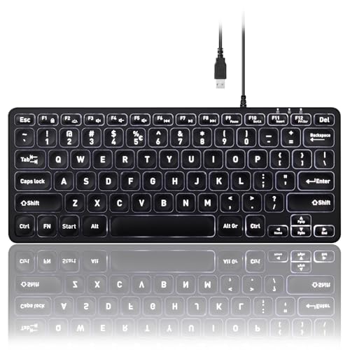 Perixx PERIBOARD-332 Wired Backlit USB Keyboard - Mini 11.22x4.57x0.83 Inches - Slim Scissor Keys with Big Font - White Illuminated LED - US English - style: Wired Backlit