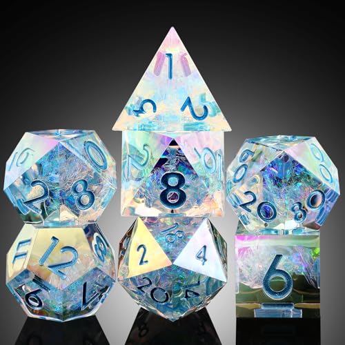 Iridescent Plating Sharp Resin Dice, DNDND 7PCS Handmade DND Sharp Edge Dice with Gorgeous Gift Case for Dungeons and Dragon Tabletop Games (Iridescent Plating Transparent) - color: Iridescent Transparent