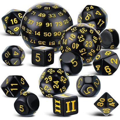 Civaner 15 Pcs Complete Polyhedral Dice Set D3-D100 Spherical RPG Dice Set in Opaque Black, 100 Sides for Role Playing Table Games Party Supplies(Black and Yellow) - color: Black and Yellow