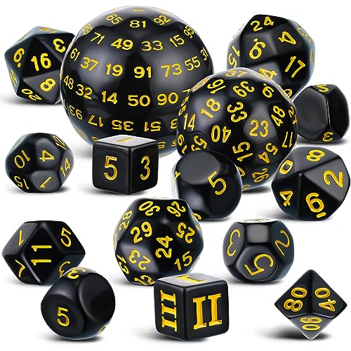 Civaner 15 Pcs Complete Polyhedral Dice Set D3-D100 Spherical RPG Dice Set in Opaque Black, 100 Sides for Role Playing Table Games Party Supplies(Black and Yellow) - color: Black and Yellow