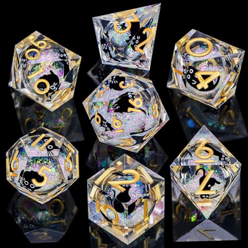DND Cat Dice Set Colorful White Sharp Edge Dice with Box, RPG D and D Dice Dungeons Dragons Role Playing Game Polyhedral Resin Dice Set D20 D12 D10 D8 D6 D4 - color: Colorful White Gold