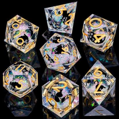 DND Cat Dice Set Colorful White Sharp Edge Dice with Box, RPG D and D Dice Dungeons Dragons Role Playing Game Polyhedral Resin Dice Set D20 D12 D10 D8 D6 D4 - color: Colorful White Gold