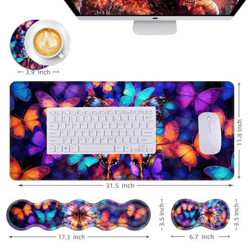 Mouse Pad,Large Desk Mat Set, 4in1 XL Mousepad + Keyboard Wrist Rest+Mouse Wrist Rest+Coaster with Ergonomic Desk Pad for Home Office Table Computer Cover -Colorful Butterfly - color: Colorful Butterfly